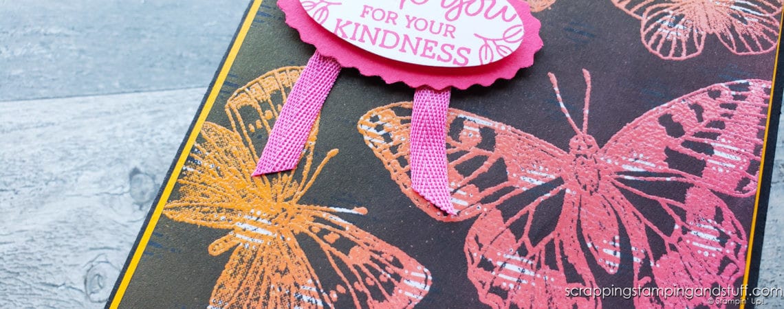 Learn how to make this beautiful butterfly card using the Joseph's Coat technique and the Stampin Up Butterfly Brilliance stamp set.