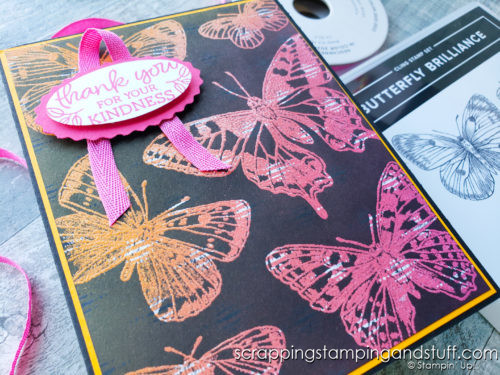 Learn how to make this beautiful butterfly card using the Joseph's Coat technique and the Stampin Up Butterfly Brilliance stamp set.