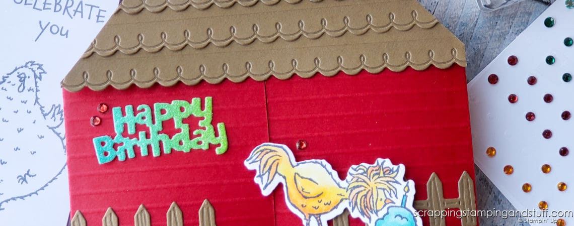 Make this hilarious hen house fun fold pop up card today with the Stampin Up Hey Birthday Chick stamp and die set!