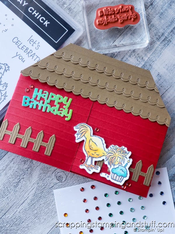 Make this hilarious hen house fun fold pop up card today with the Stampin Up Hey Birthday Chick stamp and die set!