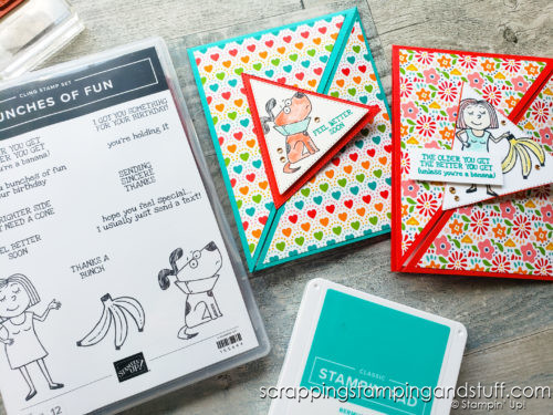 This triangle fold card design featuring the Stampin Up Bunches of Fun stamp set is so much fun, and will most definitely make your loved ones smile!