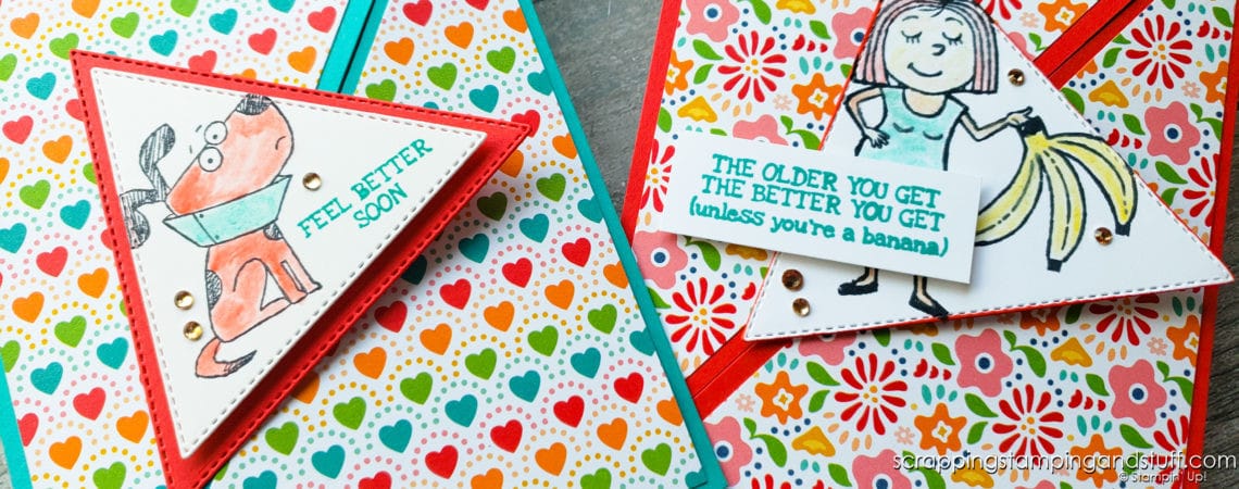 This triangle fold card design featuring the Stampin Up Bunches of Fun stamp set is so much fun, and will most definitely make your loved ones smile!