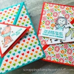 This triangle fold card design featuring the Stampin Up Bunches of Fun stamp set is so much fun, and will most definitely make your loved ones smile!