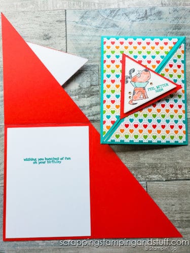 This triangle fold card design featuring the Stampin Up Bunches of Fun stamp set is so much fun, and will most definitely make your loved ones smile!