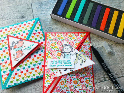 This triangle fold card design featuring the Stampin Up Bunches of Fun stamp set is so much fun, and will most definitely make your loved ones smile!