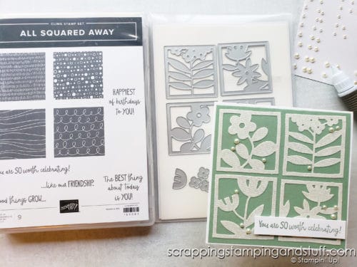 Use the Stampin Up Floral Squares die set along with beautiful shimmer vellum paper to make this amazing card today!