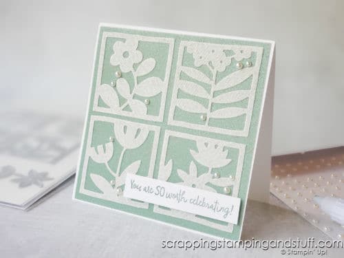 Use the Stampin Up Floral Squares die set along with beautiful shimmer vellum paper to make this amazing card today!