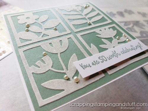 Use the Stampin Up Floral Squares die set along with beautiful shimmer vellum paper to make this amazing card today!