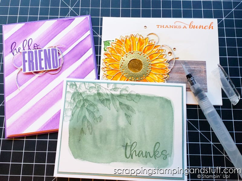 Learn all about these water brush pens - how to use, tips, tricks, and how to create watercolor backgrounds with Stampin Up Water Painters.