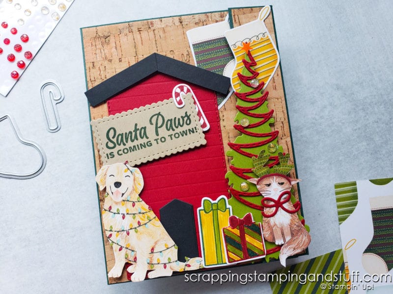 Merry Christmas from the fur babies! This adorable dog house holiday fun fold card was created with the Stampin Up Sweet Little Stockings bundle.