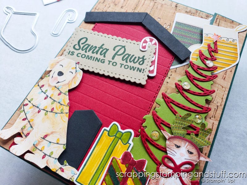 Merry Christmas from the fur babies! This adorable dog house holiday fun fold card was created with the Stampin Up Sweet Little Stockings bundle.