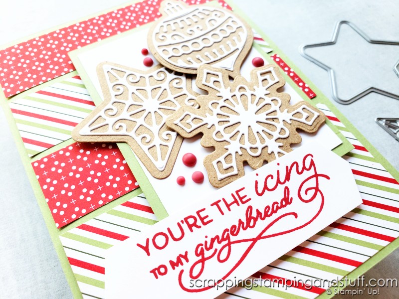 Use this beautiful card design featuring the Stampin Up Frosted Gingerbread bundle to use up your paper scraps today!