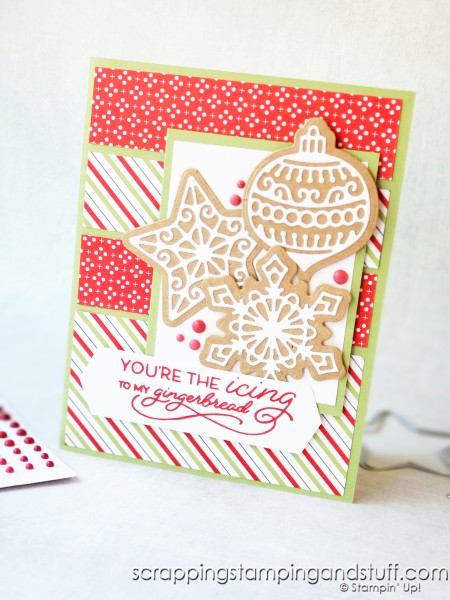 Use this beautiful card design featuring the Stampin Up Frosted Gingerbread bundle to use up your paper scraps today!