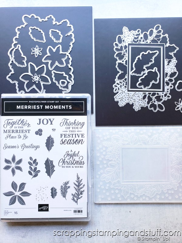 Take a look at these two gorgeous card samples using the Stampin Up Merriest Moments bundle.