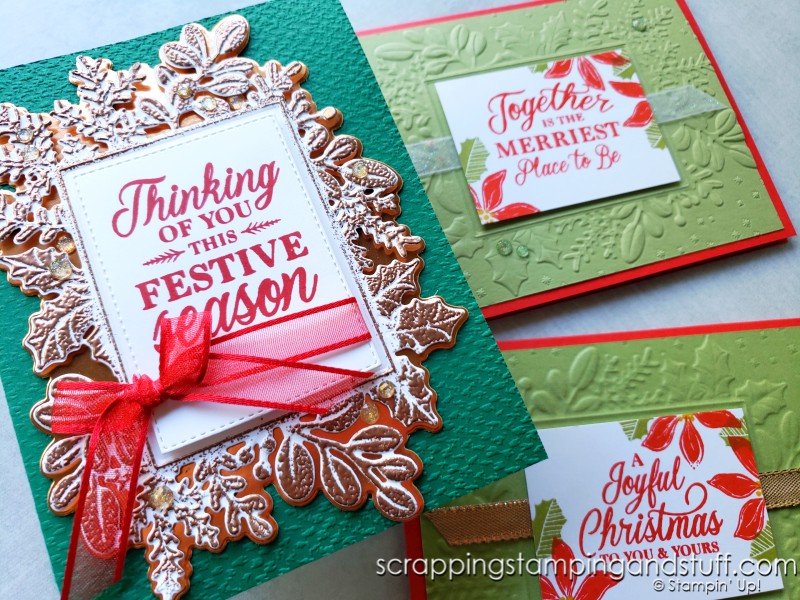 Take a look at these two gorgeous card samples using the Stampin Up Merriest Moments bundle.