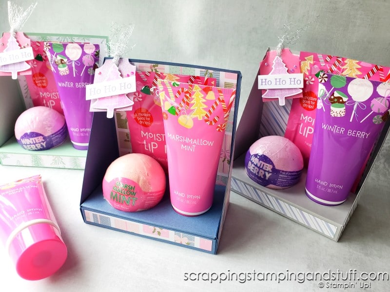 This pampering gift set includes a bath bomb, lotion, and lip mask. Make up a few to treat your loved ones!