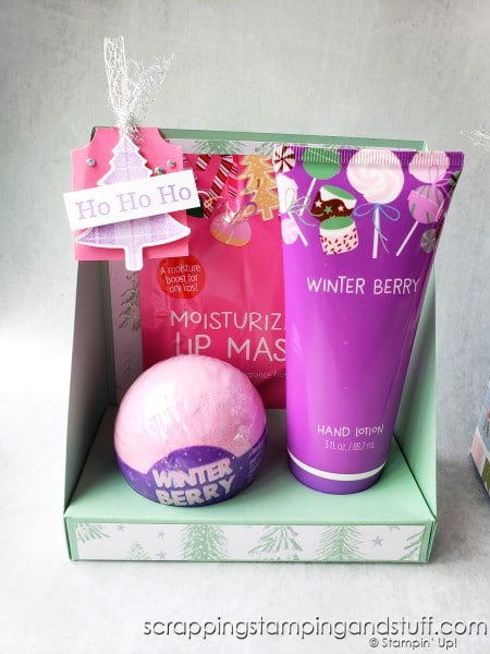 This pampering gift set includes a bath bomb, lotion, and lip mask. Make up a few to treat your loved ones!