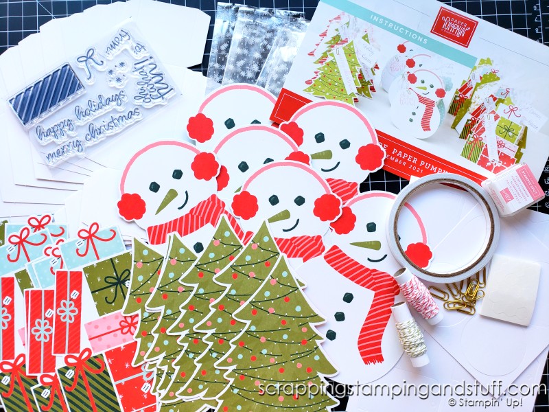 Take a look at the November 2021 Paper Pumpkin kit - Gifts Galore - this craft kit in the mail is full of supplies to make adorable gift bags or beautiful holiday cards.