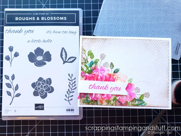 Try this multi-colored stamping technique with the Stampin Up Boughs & Blossoms stamp set or another in your collection for beautiful, unique results!