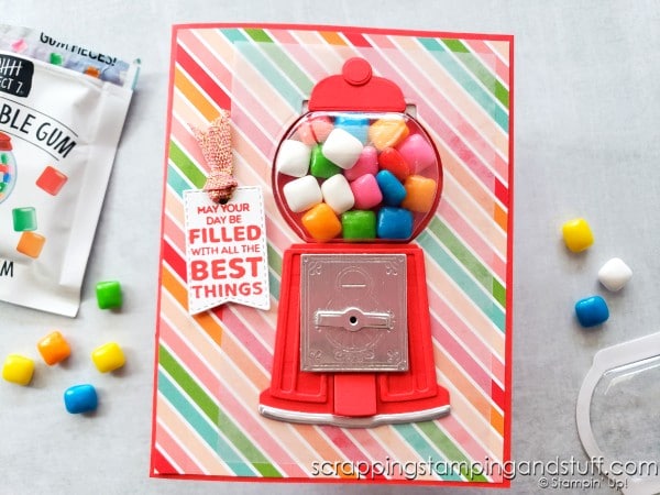 Take a look at this adorable gumball machine shaker card, made using the Stampin Up Gumball Greetings stamp set. Includes a special trick to open on the back side!