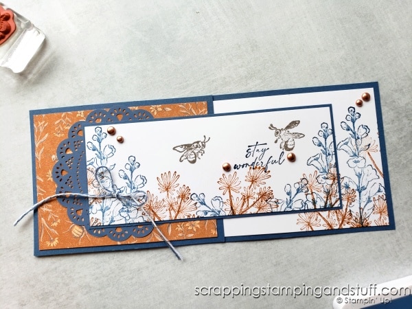 Click for instructions for a simple slimline fun fold card tutorial using the Stampin Up Honeybee Home stamp set.