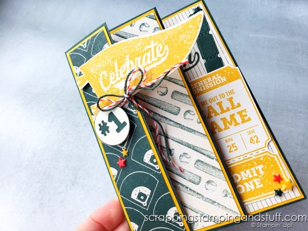 Click for tutorial for this simple but stunning accordion fold card design featuring the Stampin Up Your Biggest Fan stamp set!