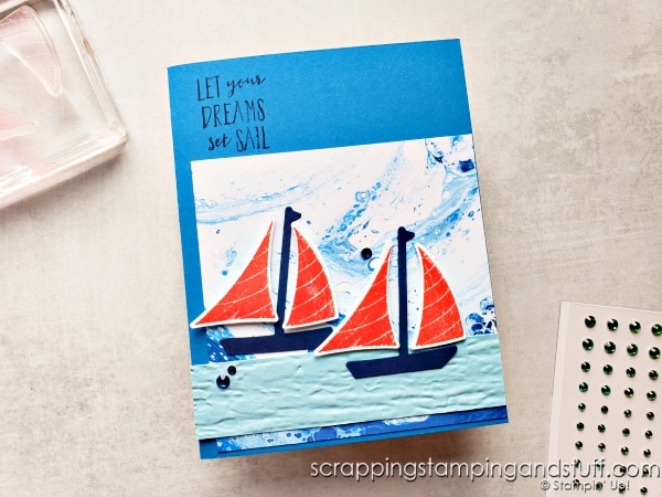 Let's talk about mass producing cards in a short time with tons of time-saving tips! Card sample features the Stampin Up Let's Set Sail bundle.