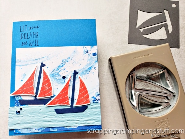 Let's talk about mass producing cards in a short time with tons of time-saving tips! Card sample features the Stampin Up Let's Set Sail bundle.