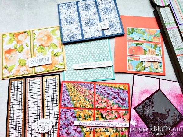 Panel cards are a perfect way to use up your paper stash to create simple but beautiful cards. Click for 7 different card designs with measurements!