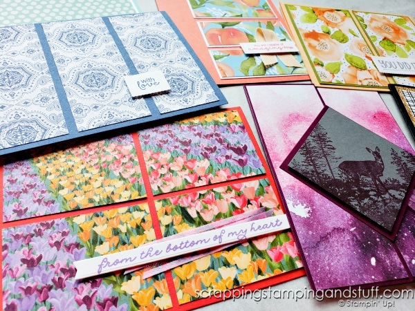 Panel cards are a perfect way to use up your paper stash to create simple but beautiful cards. Click for 7 different card designs with measurements!