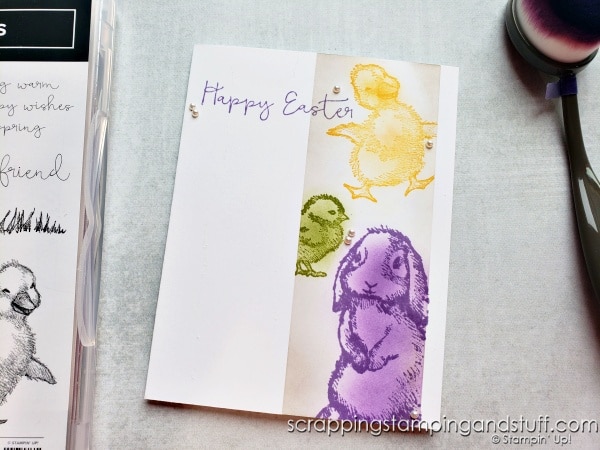 Create beautiful one-layer cards using just blending brushes, ink and stamps! Click here to see how. Stampin Up Honeybee Home, Blessings of Home, Paradise Palms, and Easter Friends.