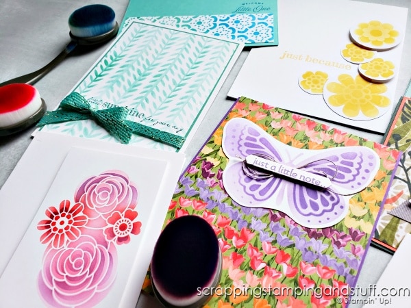 Click to see tons of ways to use the Stampin Up Butterflies & Flowers Laying Masks with blending brushes and lots of card samples!