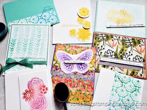 Click to see tons of ways to use the Stampin Up Butterflies & Flowers Laying Masks with blending brushes and lots of card samples!