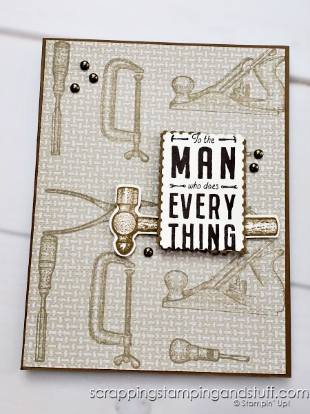 Click to see 5 easy card designs for men, including fun tips and tricks to try in your cardmaking. Features Stampin Up He's All That stamps.