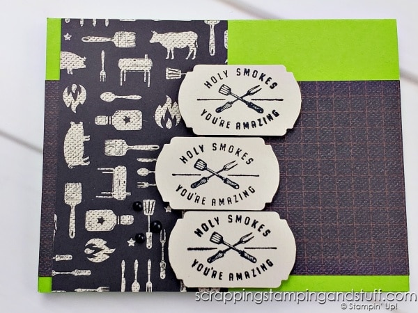 Click to see 5 easy card designs for men, including fun tips and tricks to try in your cardmaking. Features Stampin Up He's All That stamps.