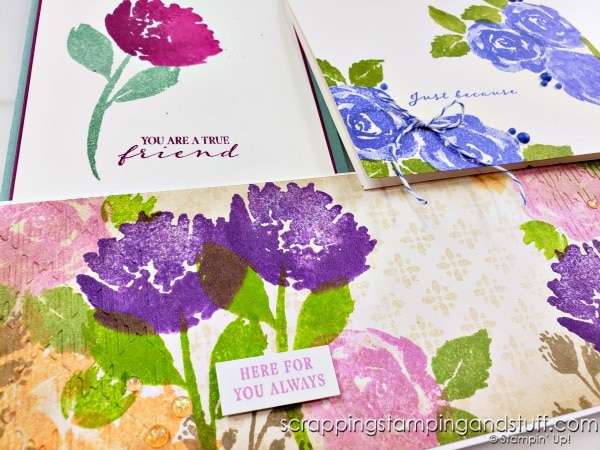 Create the look of watercolor without the work or mess! Beautiful spritzed floral cards featuring the Stampin Up True Beauty stamp set.