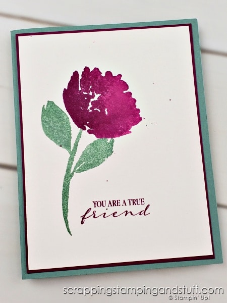 Create the look of watercolor without the work or mess! Beautiful spritzed floral cards featuring the Stampin Up True Beauty stamp set.