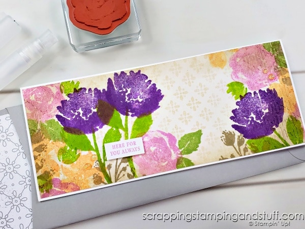 Create the look of watercolor without the work or mess! Beautiful spritzed floral cards featuring the Stampin Up True Beauty stamp set.