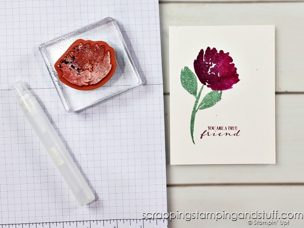 Create the look of watercolor without the work or mess! Beautiful spritzed floral cards featuring the Stampin Up True Beauty stamp set.