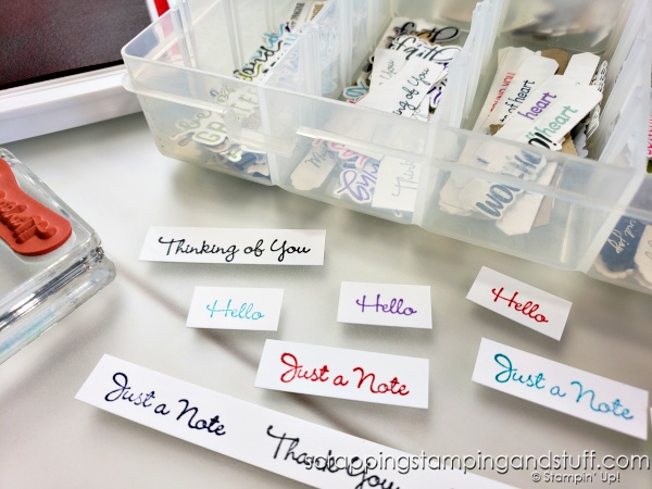 Use your paper scraps to get organized! Prepare simple sentiment tags and organize them in a tackle box. Awesome craft room organization tip!