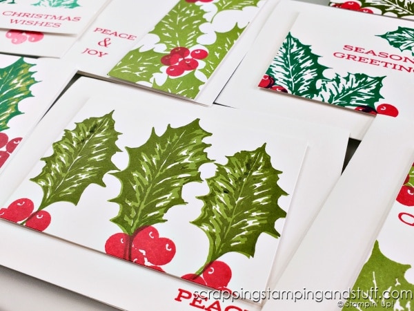 Create 10 clean and simple cards in no time using this white cardstock one sheet wonder! Cards feature the Stampin Up Leaves of Holly stamps.