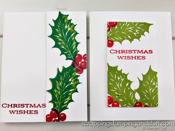 Create 10 clean and simple cards in no time using this white cardstock one sheet wonder! Cards feature the Stampin Up Leaves of Holly stamps.