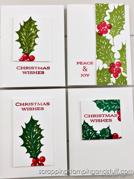 Create 10 clean and simple cards in no time using this white cardstock one sheet wonder! Cards feature the Stampin Up Leaves of Holly stamps.