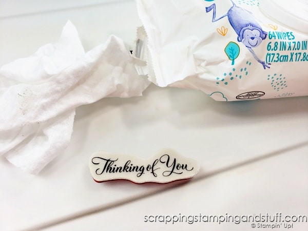 Click to learn how to clean cling label stamps from Stampin Up! and make them cling like new to your acrylic blocks!