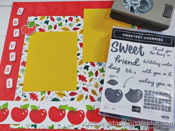 Take a look at these 3 fall scrapbook page layouts for Halloween, Thanksgiving, harvest or a visit to the farm featuring Stampin Up Sweetest Cherries, Bewitching, and Soft Seedlings.