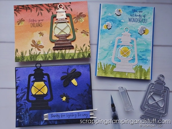 Click to see 3 simple ways to watercolor backgrounds with amazing results! Cards feature the Stampin Up Lighting the Way bundle!