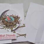 Wow your friends with this flip fold card design that you can make simply with circle dies in your stamping collection! The lovely decorations on mine are from the Stampin Up Nested Friends bundle.