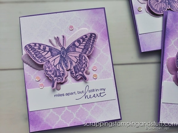 Click to get tips and tricks for saving time when producing multiples of a card project, and see how to create these stunning one-of-a-kind cards using Stampin Up Butterfly Brilliance!