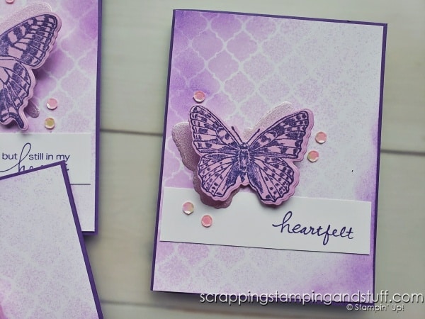 Click to get tips and tricks for saving time when producing multiples of a card project, and see how to create these stunning one-of-a-kind cards using Stampin Up Butterfly Brilliance!