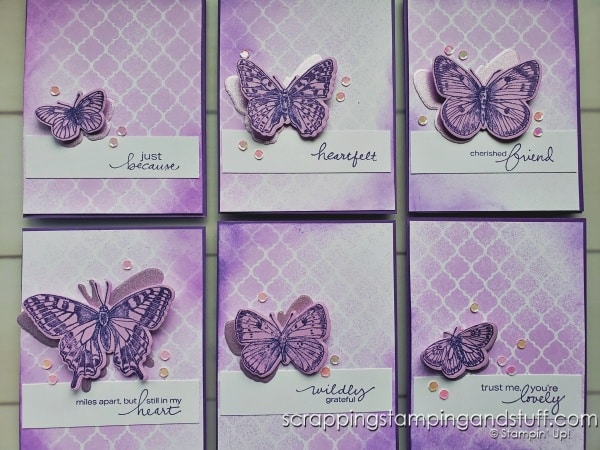 Click to get tips and tricks for saving time when producing multiples of a card project, and see how to create these stunning one-of-a-kind cards using Stampin Up Butterfly Brilliance!